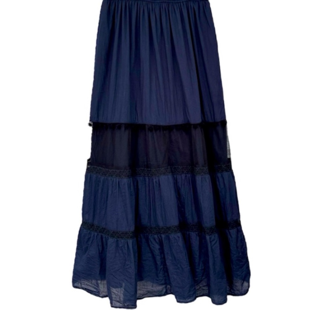 Elegant Maxi Dress Sleeveless Navy Blue Black Pom Lace Embroidered Size Large - Picture 15 of 17
